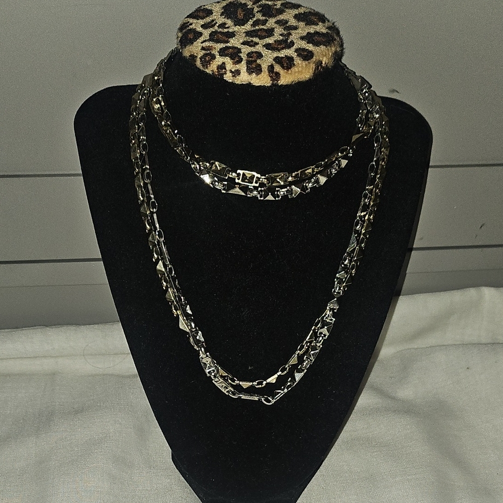 Studed Pyramid Metal Chain Necklace Bundle Silver & Gold Tone